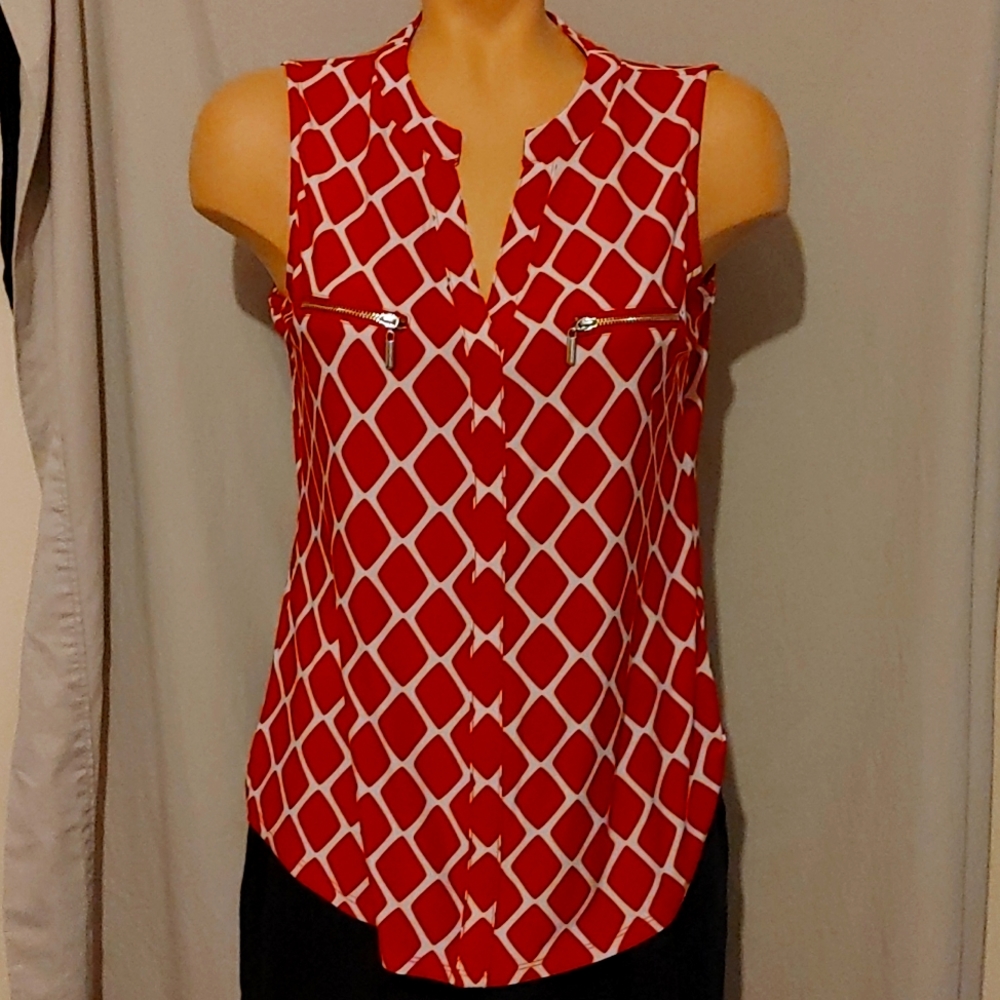INC red and white sleeveless dressy tank top, NEW
